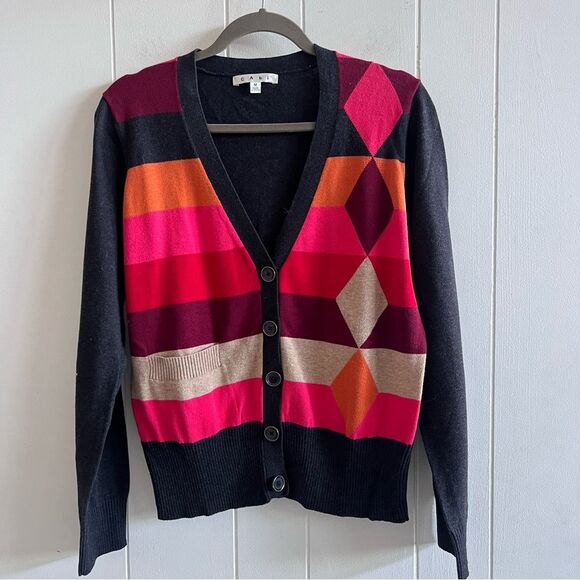 Cabi Argyle Preppy Colorblock Cotton Cardigan - Picture 1 of 10